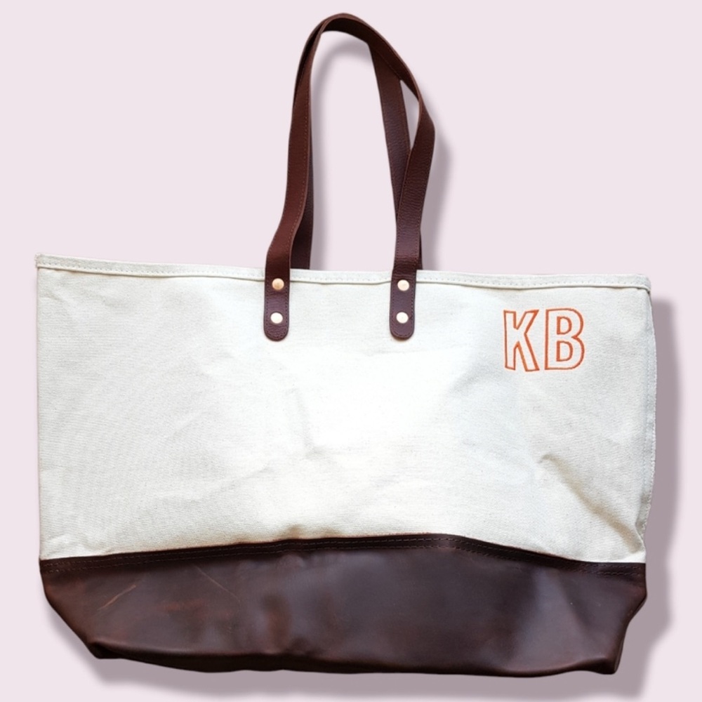 mark & Graham x steele canvas and leather xlarge tote bag initials